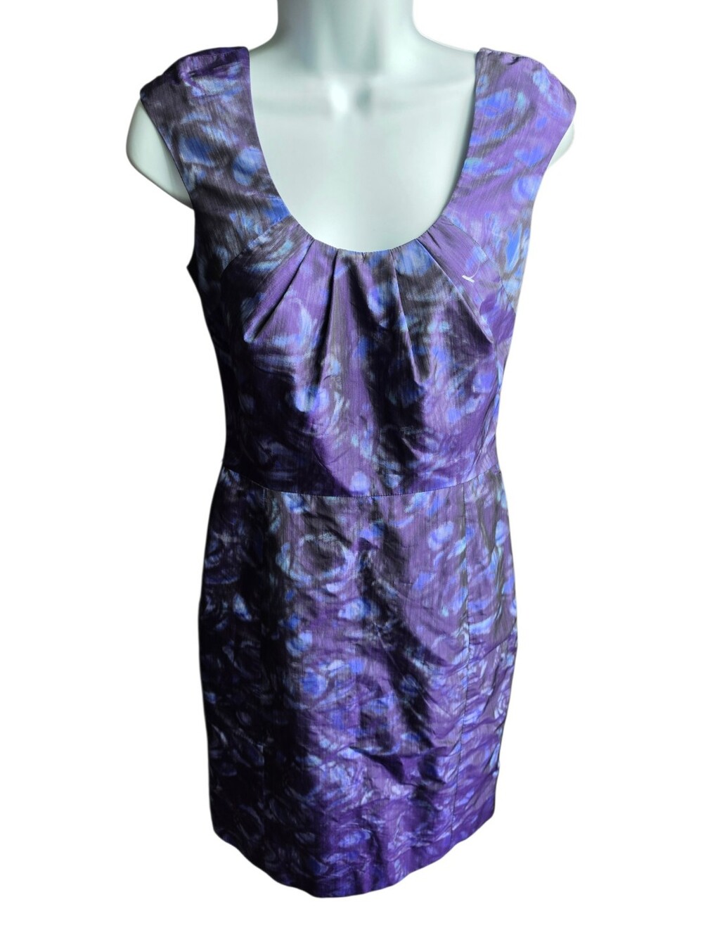 Lela Rose Purple Printed A Line Knee Length Sleeveless Dress Size 4 100% Silk